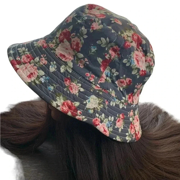 Boutique Handcrafted Flirty Feminine Floral Bucket Hat OSFM Teal with Roses - Picture 4 of 6